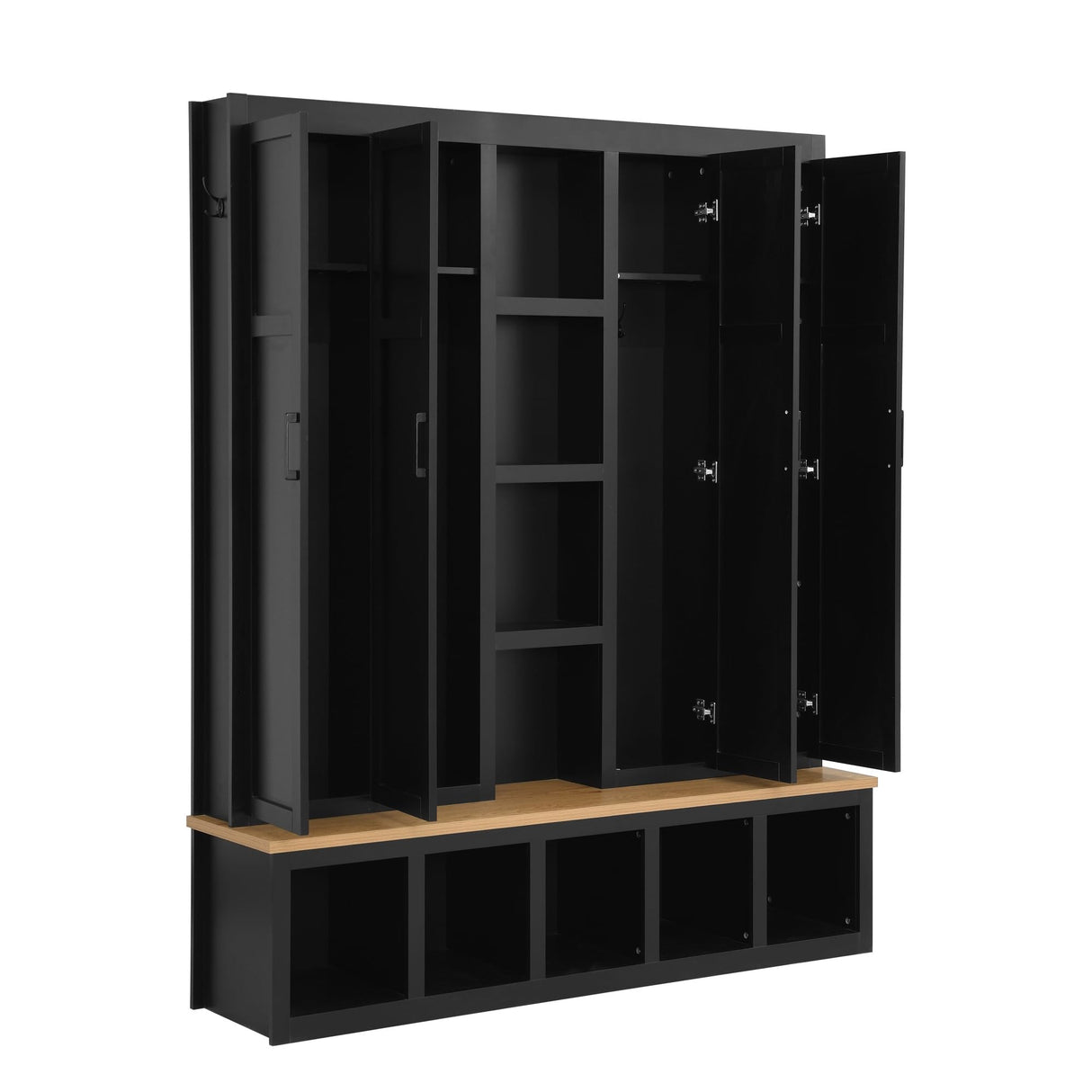 Merax Modern Farmhouse Hall Tree with Bench, 4-in-1 Entryway Storage Cabinet & Shoe Organizer with Hooks, Black Merax