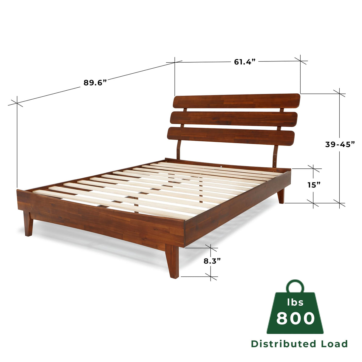 Bme Caden 15 Inch Adjustable Headboard Bed Frame - Mid Century Acacia Wood - No Box Spring Required - Dark Chocolate - Queen Size Bme