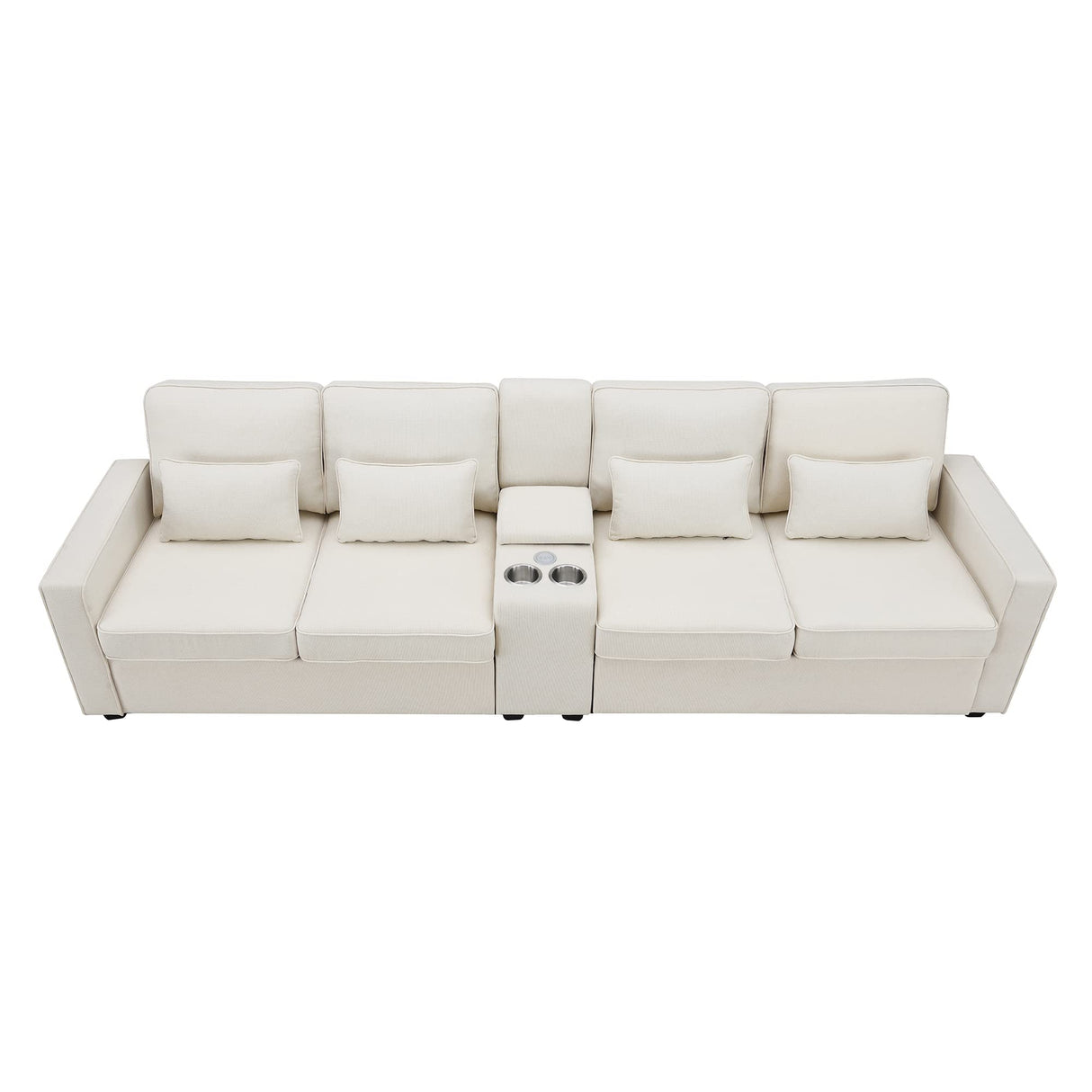 Livavege Upholstered Sectional Sofa with Console, 2 Cup Holders and 2 USB Ports & Wirelessly Charged, Modern Linen Fabric 4-Seat Couch with 4 Pillows for Living Room, Apartment, Office, 114.2inch Livavege