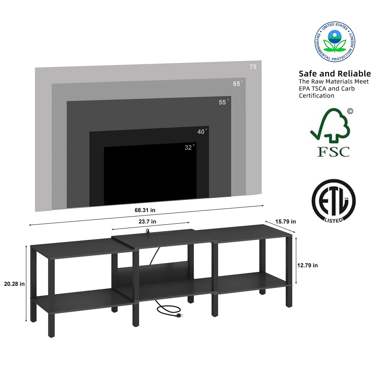 HHETOGOL Black LED TV Stand for Living Room 75 Inch Wood TV Media Console for 45/55/65/75 inch TVs,Industrial TV Stand,TV Stand Media Entertainment Center with Power Outlet ,Rustic Brown CALTV06BKE HHETOGOL