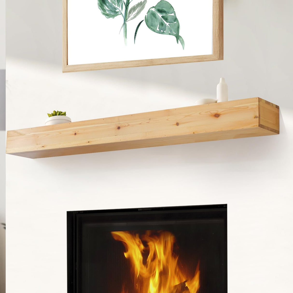 TECANA Fireplace Mantel 60 Inches - Rustic Floating Mantel Shelf - Solid Wood Mantel with Invisible Support Bracket - Wall Mantel Shelf for Farmhouse (60" L x 8" D x 5" H, Natural) TECANA