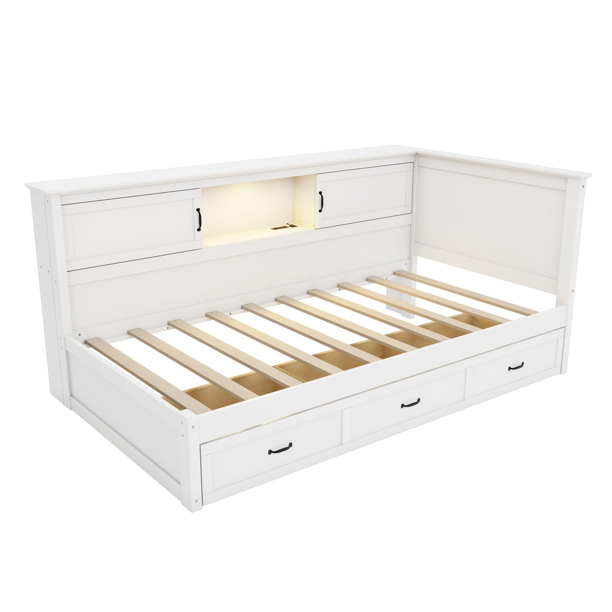 MKABAK Twin Daybed with L-Shaped Bookcase Headboard and Storage Drawers, Wood Corner Bed with Led Downlight, Charging Station and Shelves for Kids Boys Girls, White MKABAK