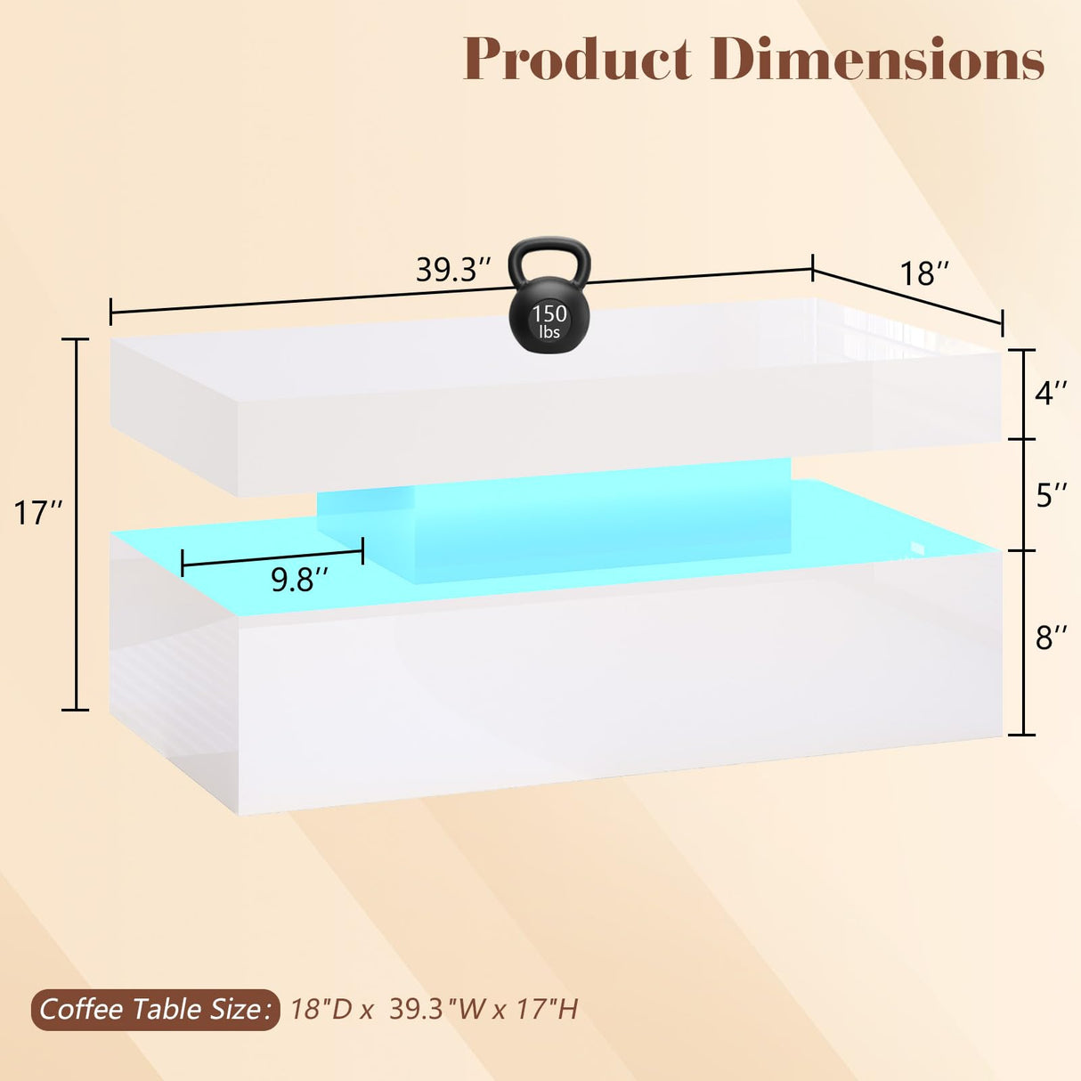 LUXOAK Coffee Table with LED Light, Modern High Gloss Finish Center Table with 2-Tier Storage Space, Minimalist Coffee Table for Living Room, Office, White LUXOAK