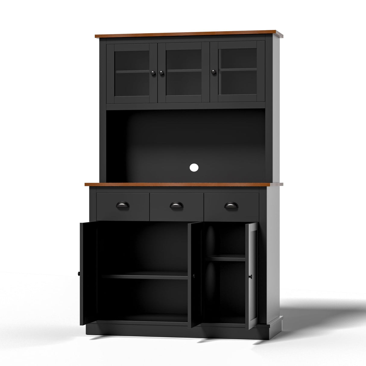 MU 71" Kitchen Pantry Cabinet with Charging Station, Tall Kitchen Hutch with Countertop, Drawers & Microwave Shelf, Food Storage Cabinet for Dining Room & Coffee Bar, Black MU