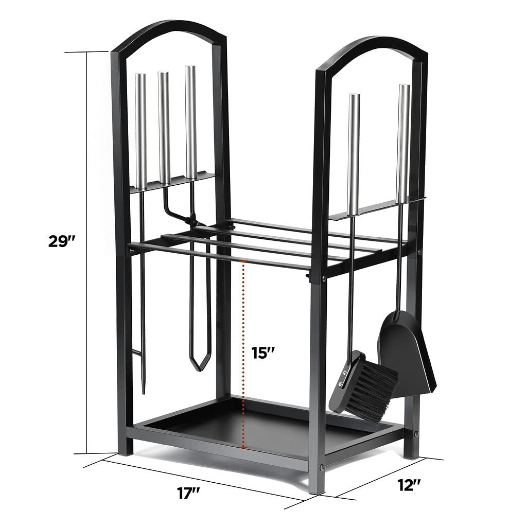 HOME IT Firewood Rack Indoor Outdoor - 2-Tier Firewood Holder with Fireplace Tools Set, Brush, Shovel, Poker, Tongs - Waterproof Steel Pipe Log Holder, Black Stove Wrought Iron - 17x12x29 HOME IT