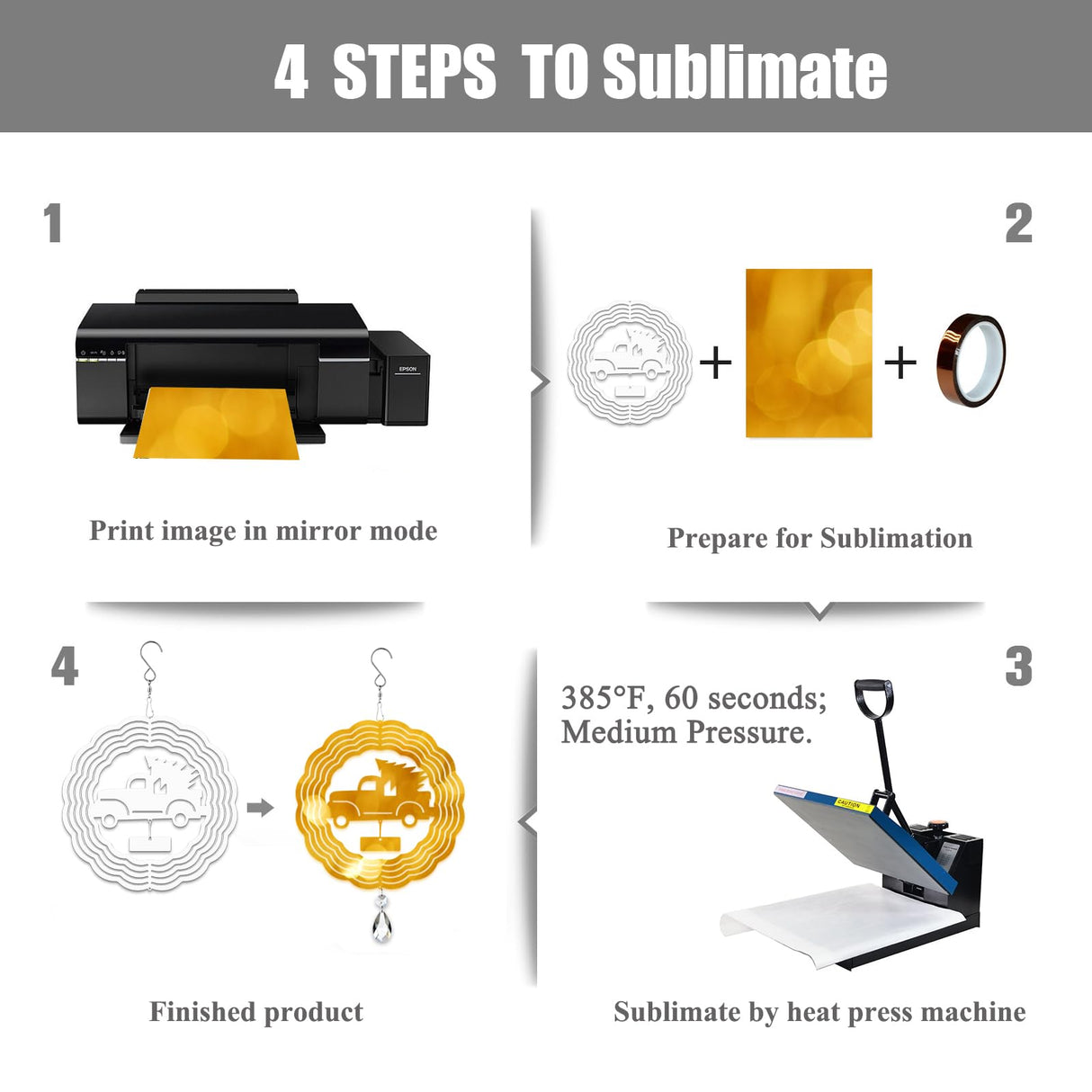 WindMage 4Pack 8inch Sublimation Wind Spinner Blanks 3D Aluminum Metal Wind Sculpture Kinetic Spinners for Yard Garden Indoor Art Sublimation Christmas Ornament Hanging Decoration (Xmas Tree Truck) WindMage