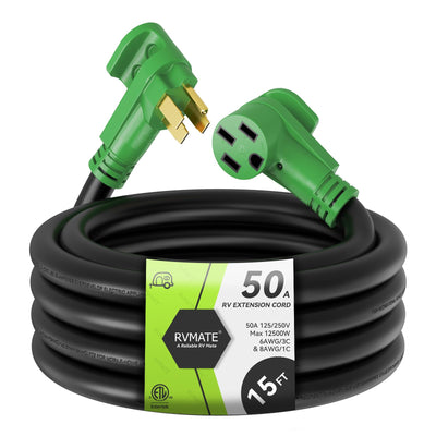 RVMATE 50 Amp 15 Feet RV/EV Extension Cord, Easy Plug in Handle, 14-50P to 14-50R with LED Indicator, ETL Listed, Come w/Storage Bag and Plastic Strap