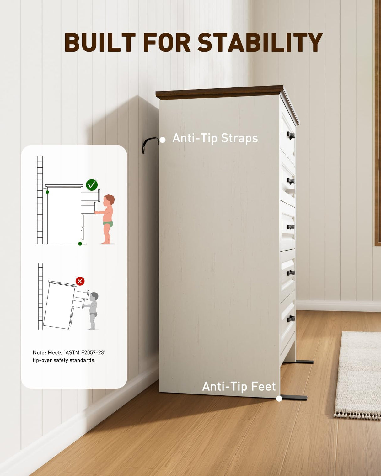 Amada 5 Drawer Dresser for Bedroom with Wood Drawers, Supports up to 22 lbs per Drawer, Anti-Tip Design for Safety, 5 Farmhouse Dresser Drawer Unit for Bedroom, Nursery, Living Room, Brown and White AMADA HOMEFURNISHING