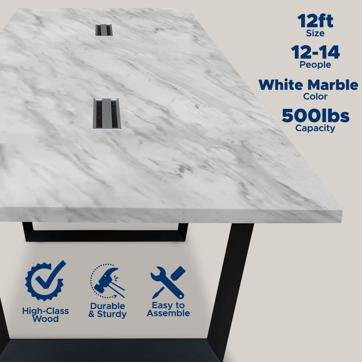 ahliss Sturdy Conference Table with Cable Management Grommets Modern Rectangle Office Meeting Table with Wood Tabletop and Metal Frame & Legs- Easy Assembly Boardroom Table (White Marble, 12 Foot) ahliss