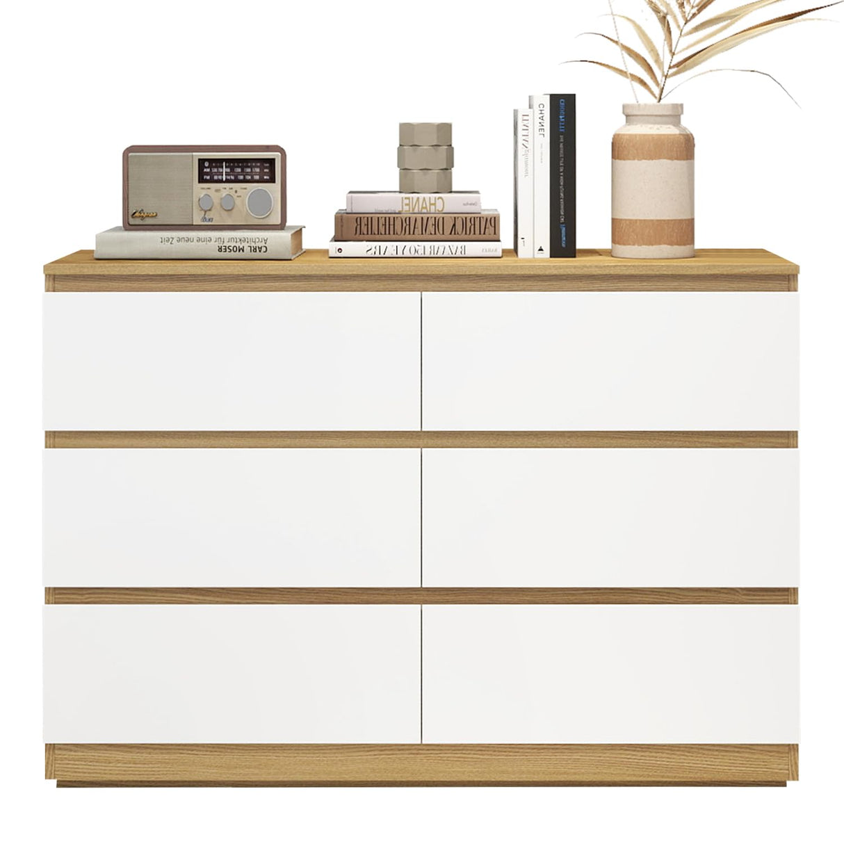 YIGOBUY 6 Drawer Double Dresser, Modern White Wood Chest of Drawers, Wide Natural Wood Dresser for Bedroom, Nursery, Living Room, Large Storage Cabinet YIGOBUY