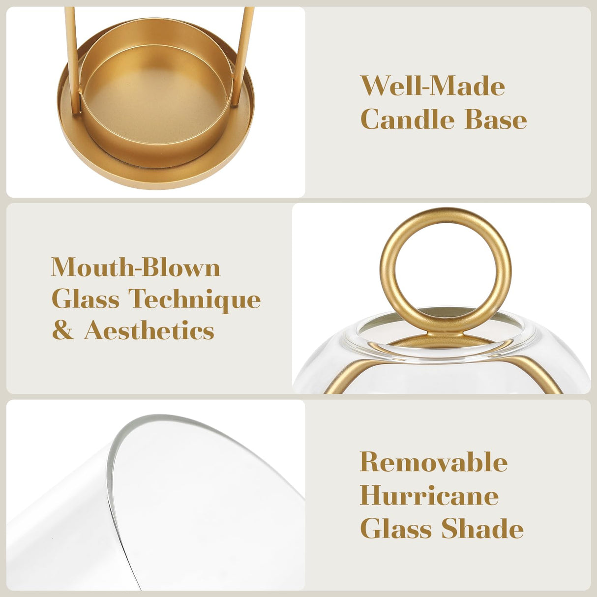 Versatile Metal Candle Holder Set with Handmade Glass Dome,Antique Brass Pillar Candle Stand, 5.2" & 4.1" Wide for Tabletop or Hanging, Industrial & Farmhouse Decor SHOHAYTO