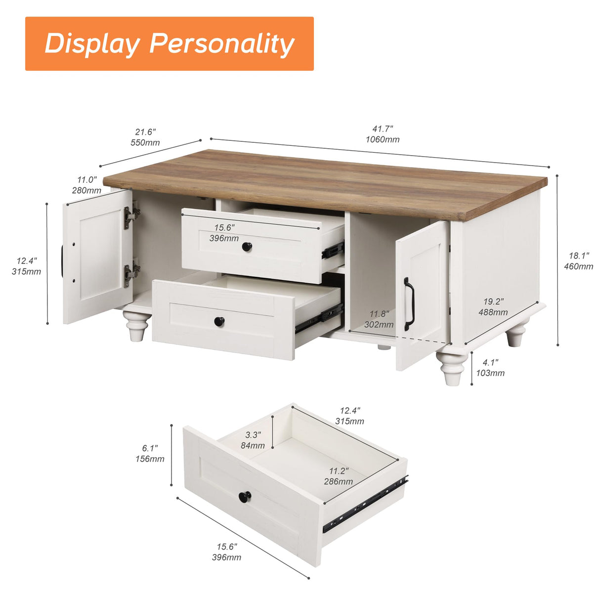 WAMPAT Modern Coffee Table with Storage Cabinet, White Coffee Tables for Living Room, Wood Rectangle Center Table with Drawer, Rustic Tea Table for Home, White WAMPAT