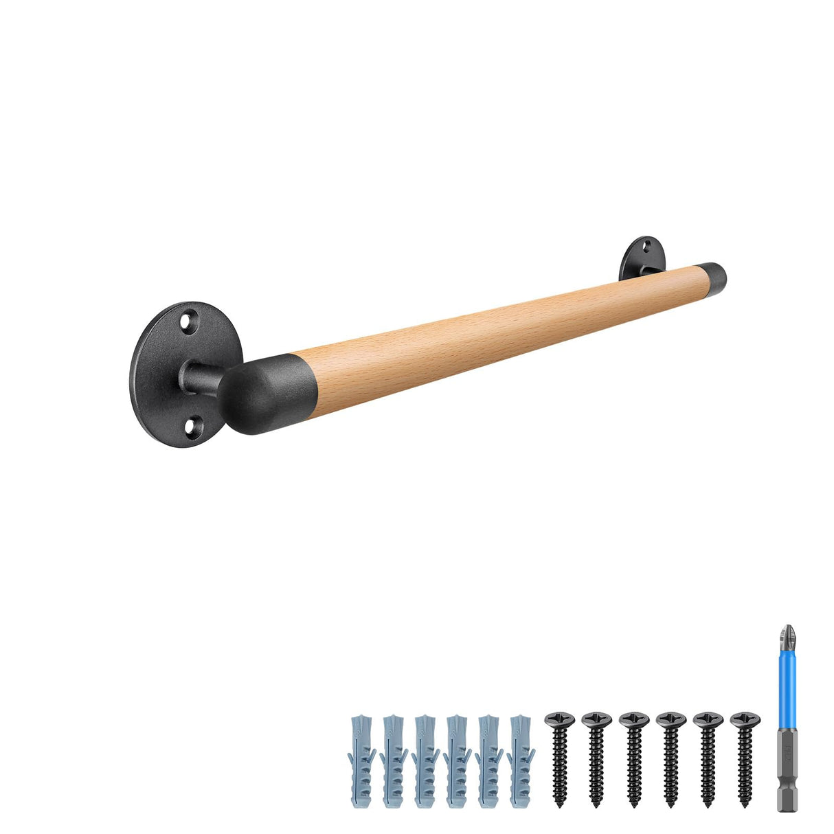 SELEWARE 26 Inch Wood Handrail Stair Handrail Drywall or Concrete Mount Handrail w/Sturdy Metal Base, Barrier-Free Staircase Grab Bar for Elderly, 1.3 Inch Round SELEWARE