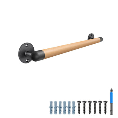 SELEWARE 26 Inch Wood Handrail Stair Handrail Drywall or Concrete Mount Handrail w/Sturdy Metal Base, Barrier-Free Staircase Grab Bar for Elderly, 1.3 Inch Round