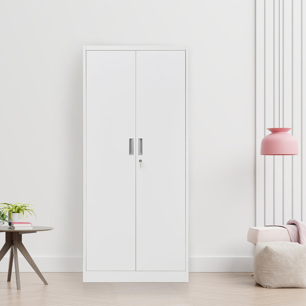 CJF Metal Storage Cabinets with Adjustable Shelves, Locking Storage Cabinet for Garage, Office, School - White CJF