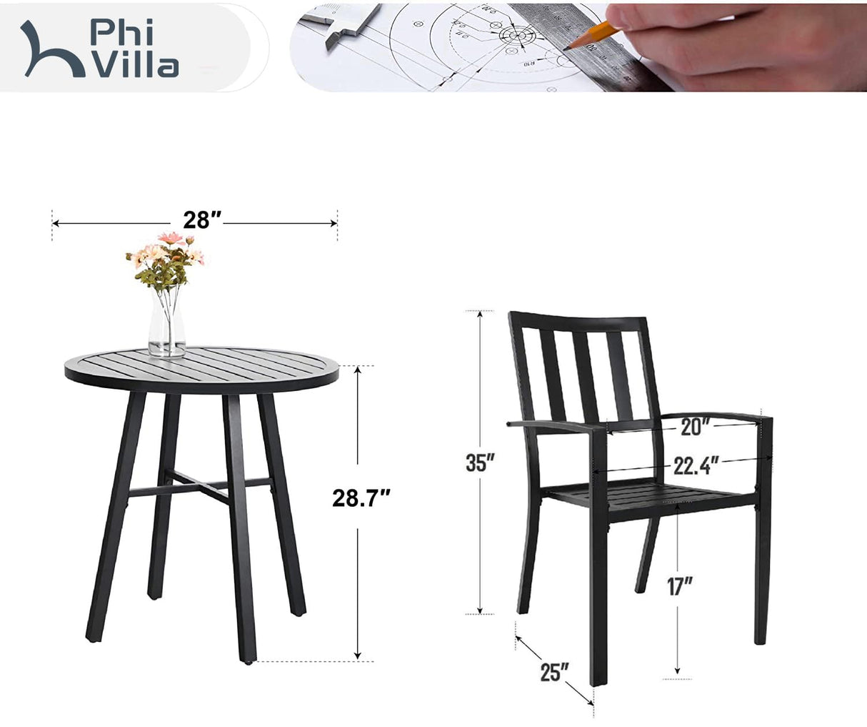 PHI VILLA 3 Piece Outdoor Patio Bistro Dining Set, Slatted Metal Round Table & 2 Patio Chairs, Outdoor Furniture Set for Porch, Deck PHI VILLA