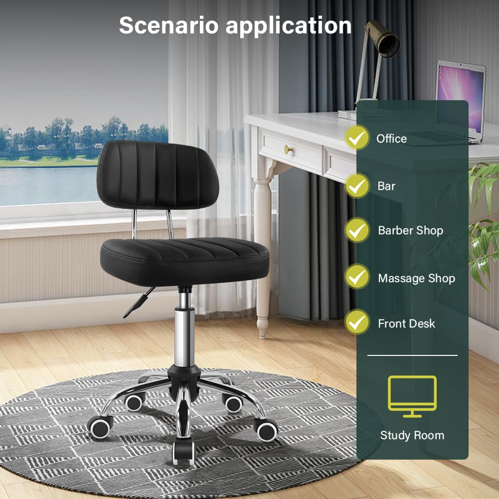 BFTOU Black Square Swivel Stool with Wheel for Work SPA Shop Massage Height-Adjustable and Cost-Effective Rolling Stool Chair with Back BFTOU