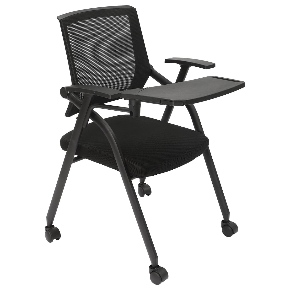 Kreiaoer Folding Office Chair with Tablet and Caster Wheel, Mesh Guest Reception Chairs with Arm, Rolling Chair for Office, School, Training Conference Waiting Room (Black) Kreiaoer