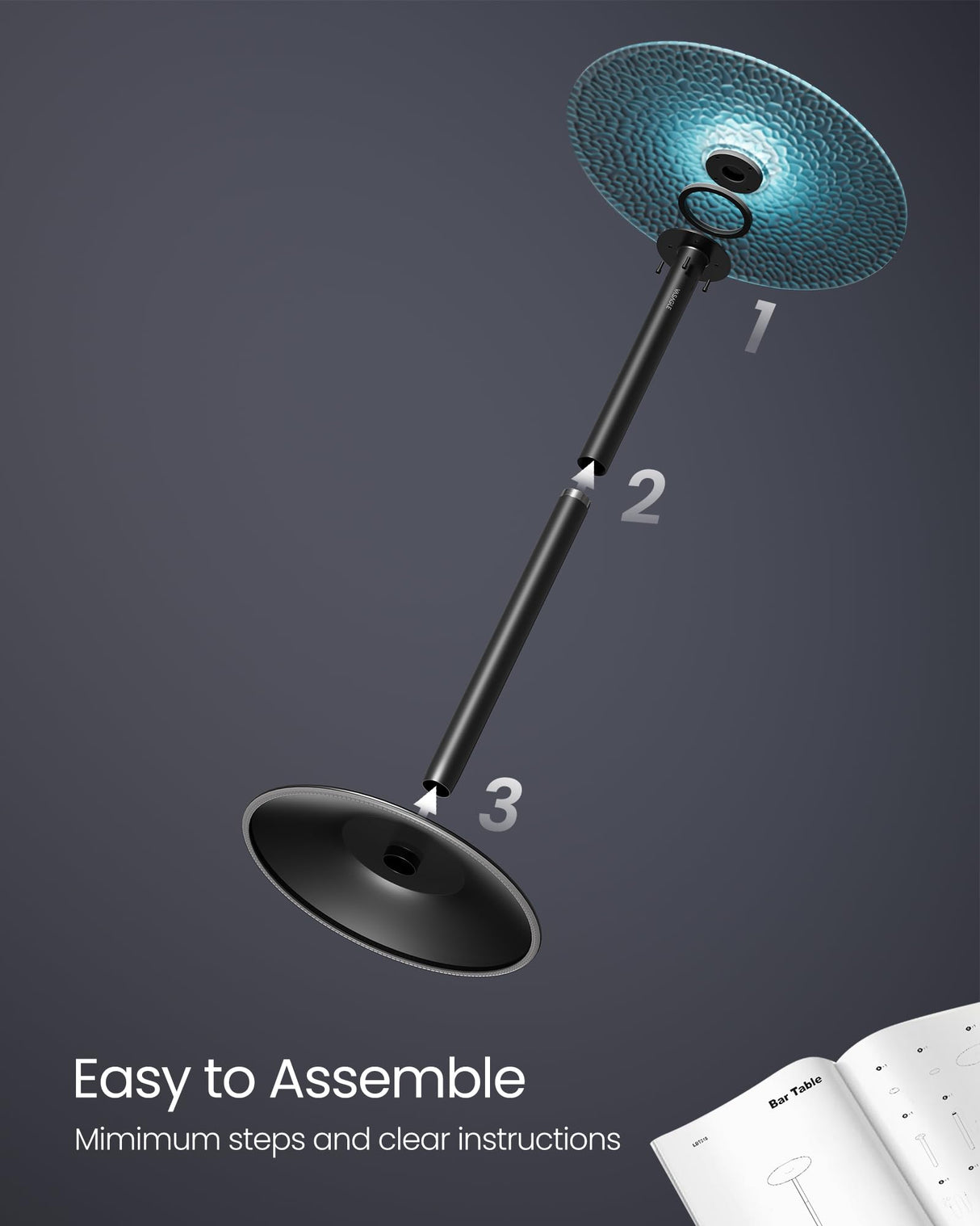 VASAGLE Bar Tables, Set of 2 Round Cocktail Tables with Multi-Colored Lights and Glass Tops, Large Steel Base, 41.3 Inches Tall Pub Tables for Kitchen, Bistro, Parties, Cloud White and Ink Black VASAGLE