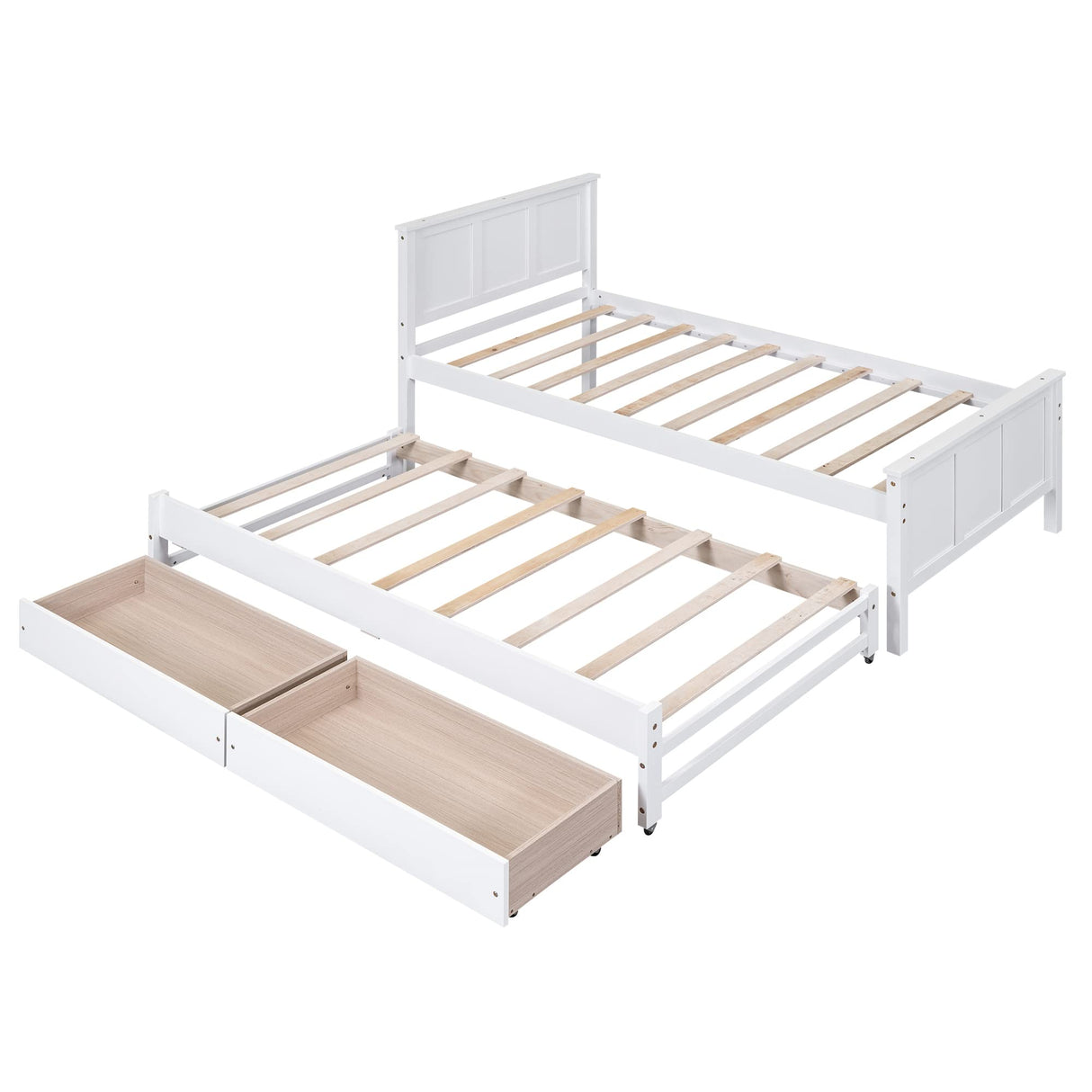 Merax Classic Solid Wooden Bed Farme with Trundle Bed and Drawers Storage Sofa Bed for Living Room Bedroom Guest Room Space Saving,White Merax