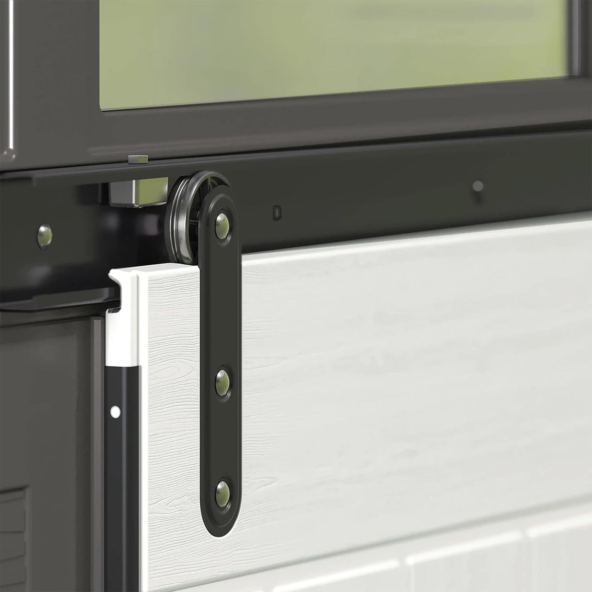 Suncast Modernist 10 Foot by 7 Foot Outdoor Plastic Storage Shed with Pad Lockable Sliding Barn Door for Outdoor Storage Items, Gray and Black Suncast