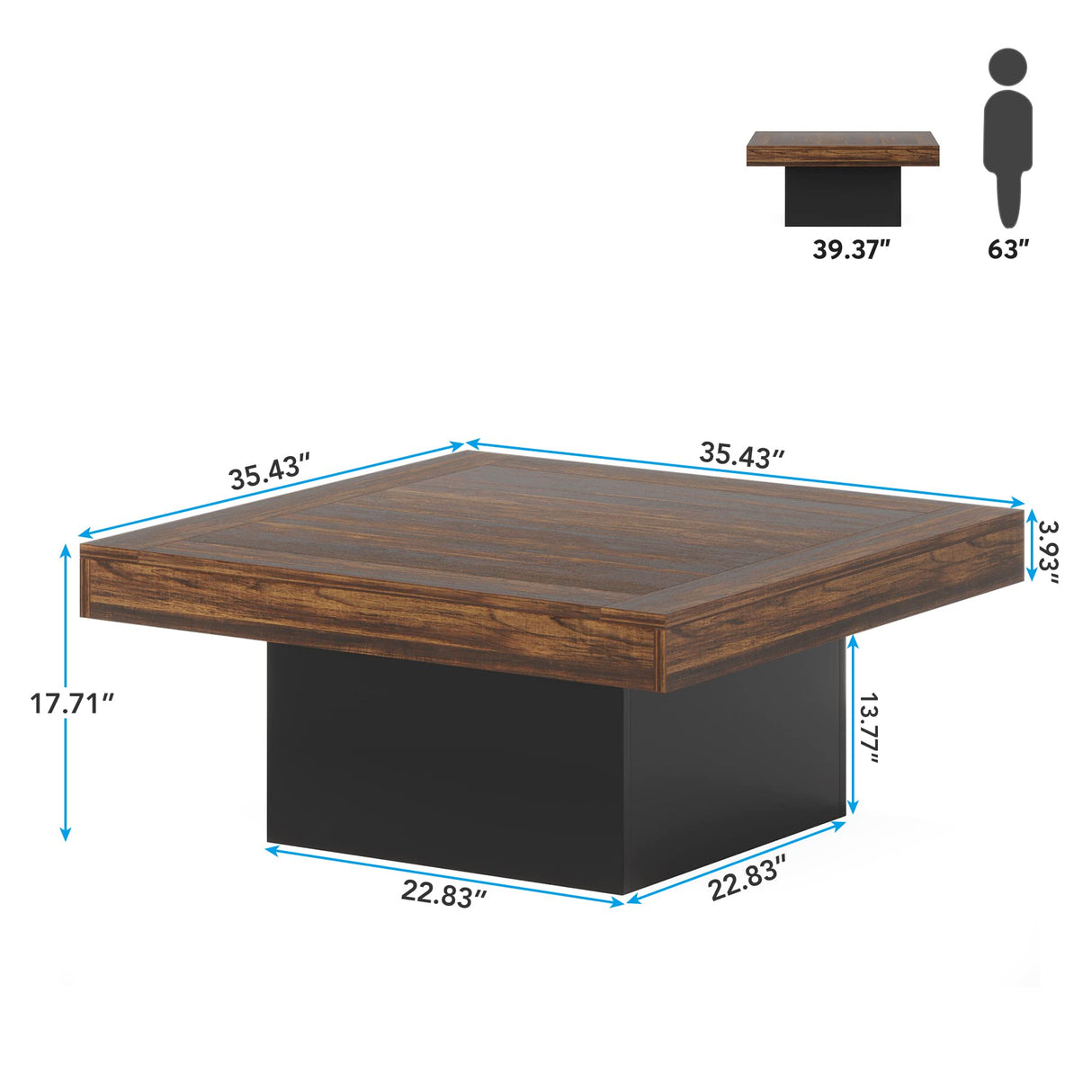 Tribesigns Coffee Table Square LED Coffee Table Engineered Wood Low Center Cocktail Tables for Living Room (Rustic Brown+Black) Tribesigns