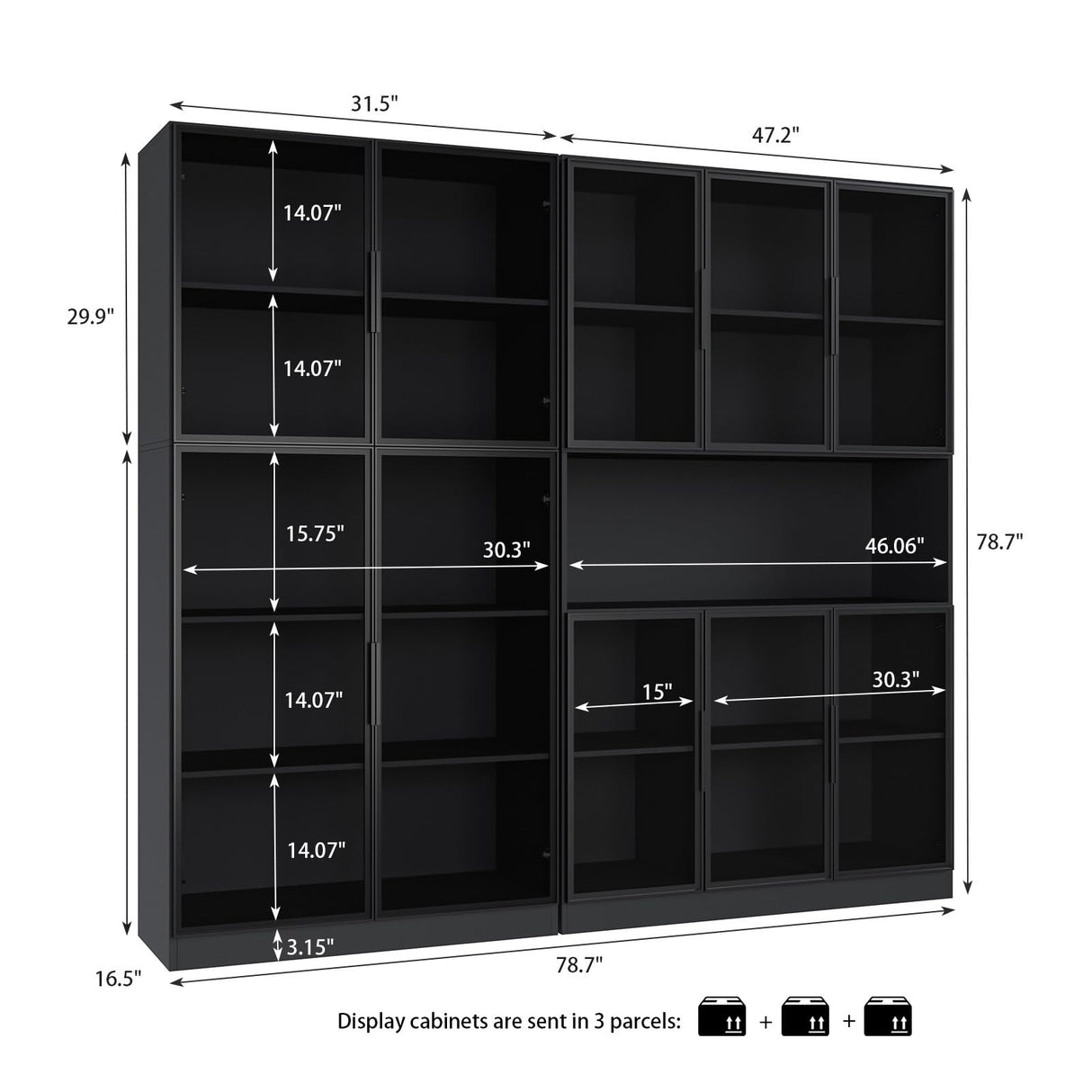 Mekminop Wood and Glass Display Cabinet, Modern Bookcase with Glass Doors, Led Light & Shelves, 78.7” W Large Combination Storage Cabinet with Handle for Home Office, Living Room, Black Mekminop
