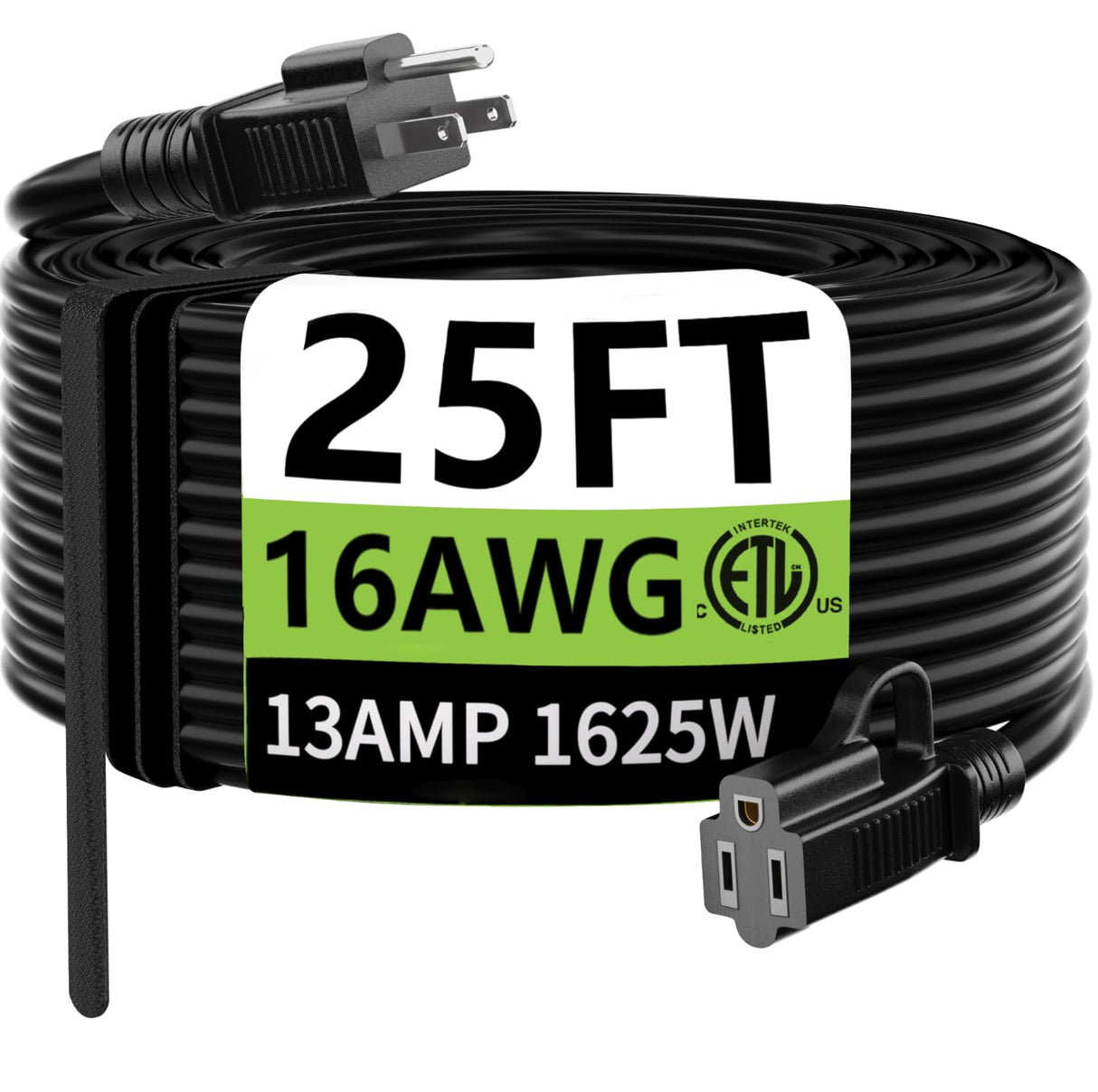 HUANCHAIN Indoor Outdoor Black Extension Cord 25 ft Waterproof, 16/3 Gauge Flexible Cold-Resistant Appliance Cord Outside, 13A 1625W 16AWG SJTW, 3 Prong Heavy Duty Electric Cord, ETL huanchain