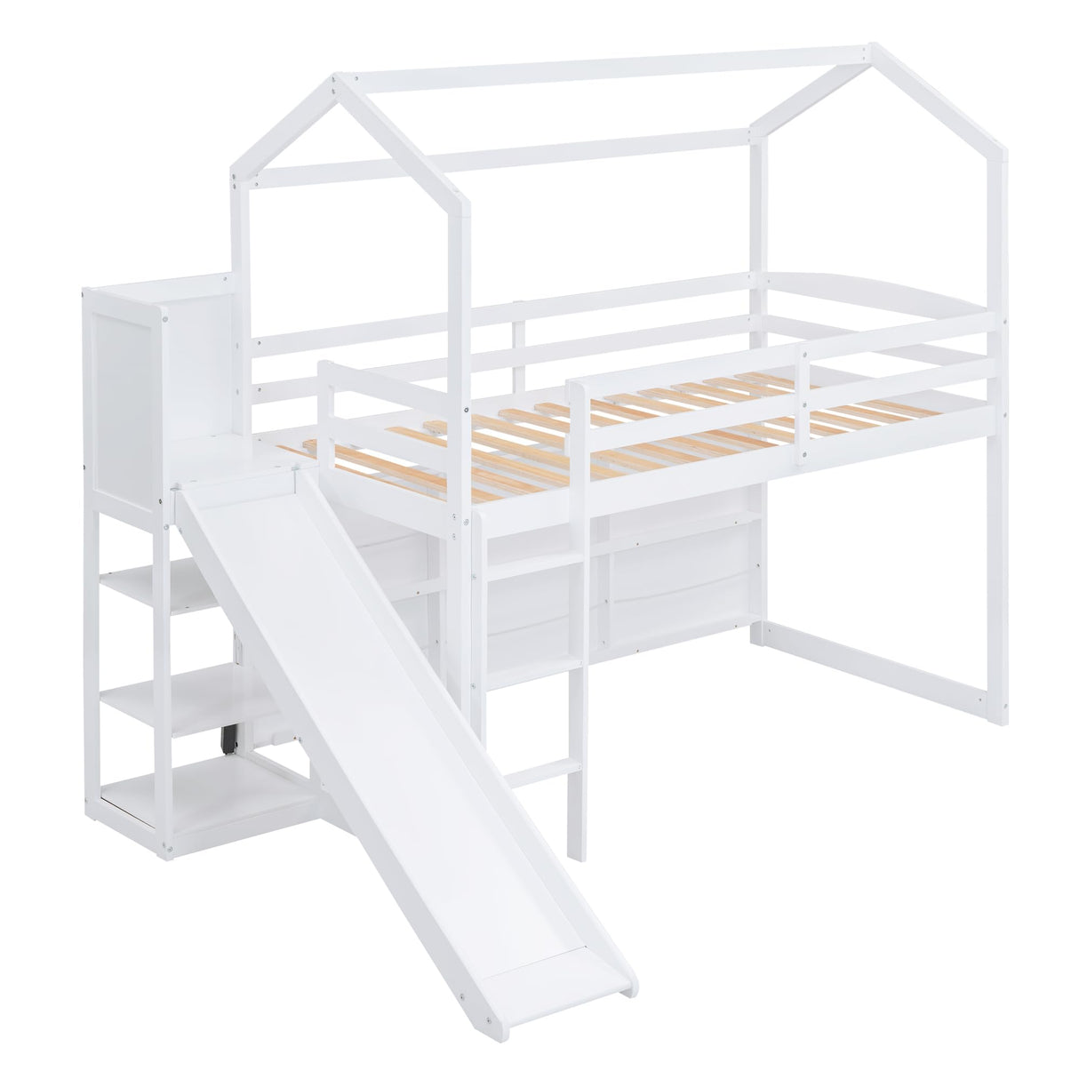 Favfurish Twin Size House Loft Bed with Slide, Storage Shelves and Light, Wood Kids Bed Frame with Guardrail and Ladder,Climbing Ramp,for Teens Boys Girls Bedroom, White Favfurish