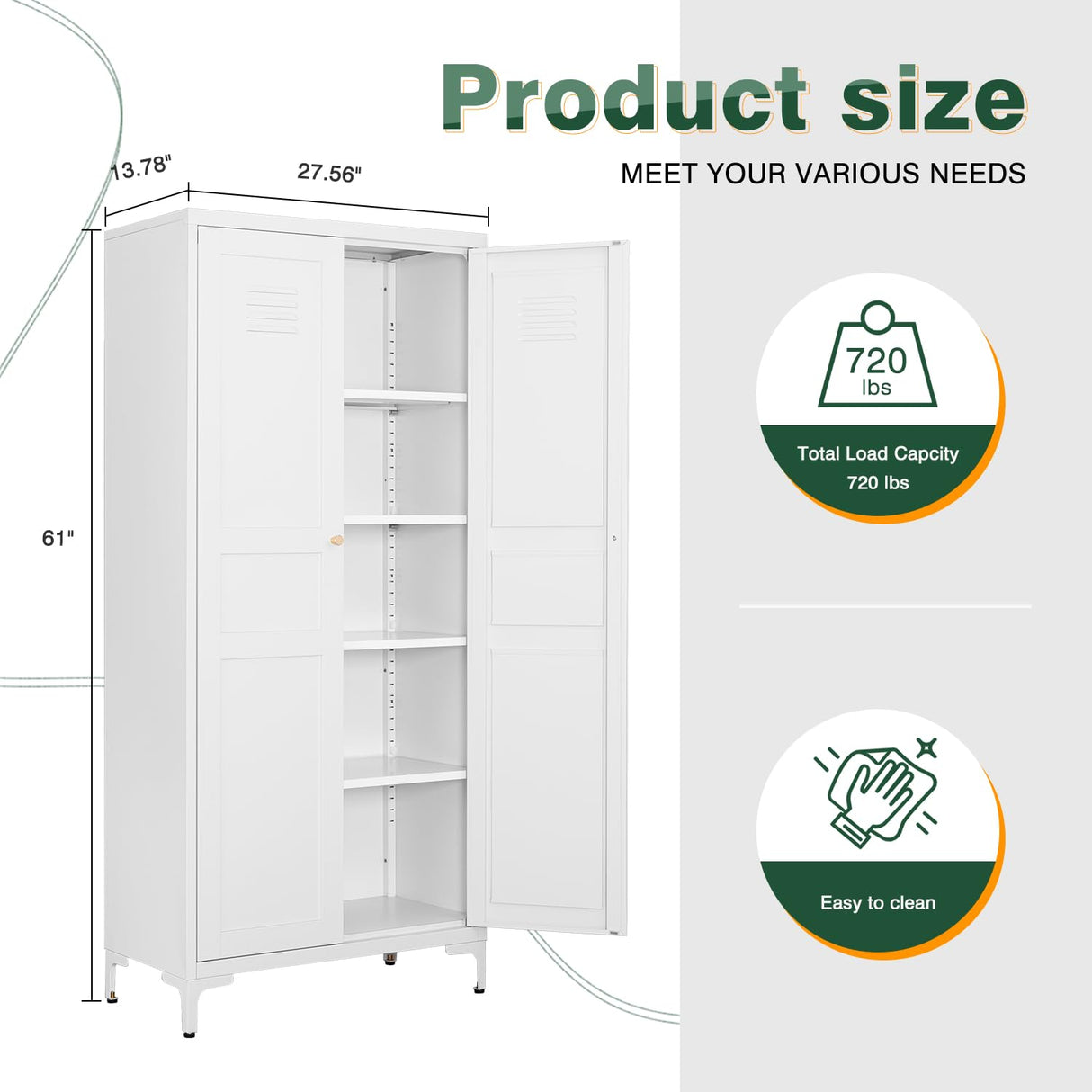 Letaya White Storage Cabinet with Feets-Metal Home Kitchen Pantry Cabinets with Doors and Adjustable Shelves,Organization Locker for Cupboard/Bedroom/Dining/Living/Bathroom/Office/Garage Room (White) Letaya
