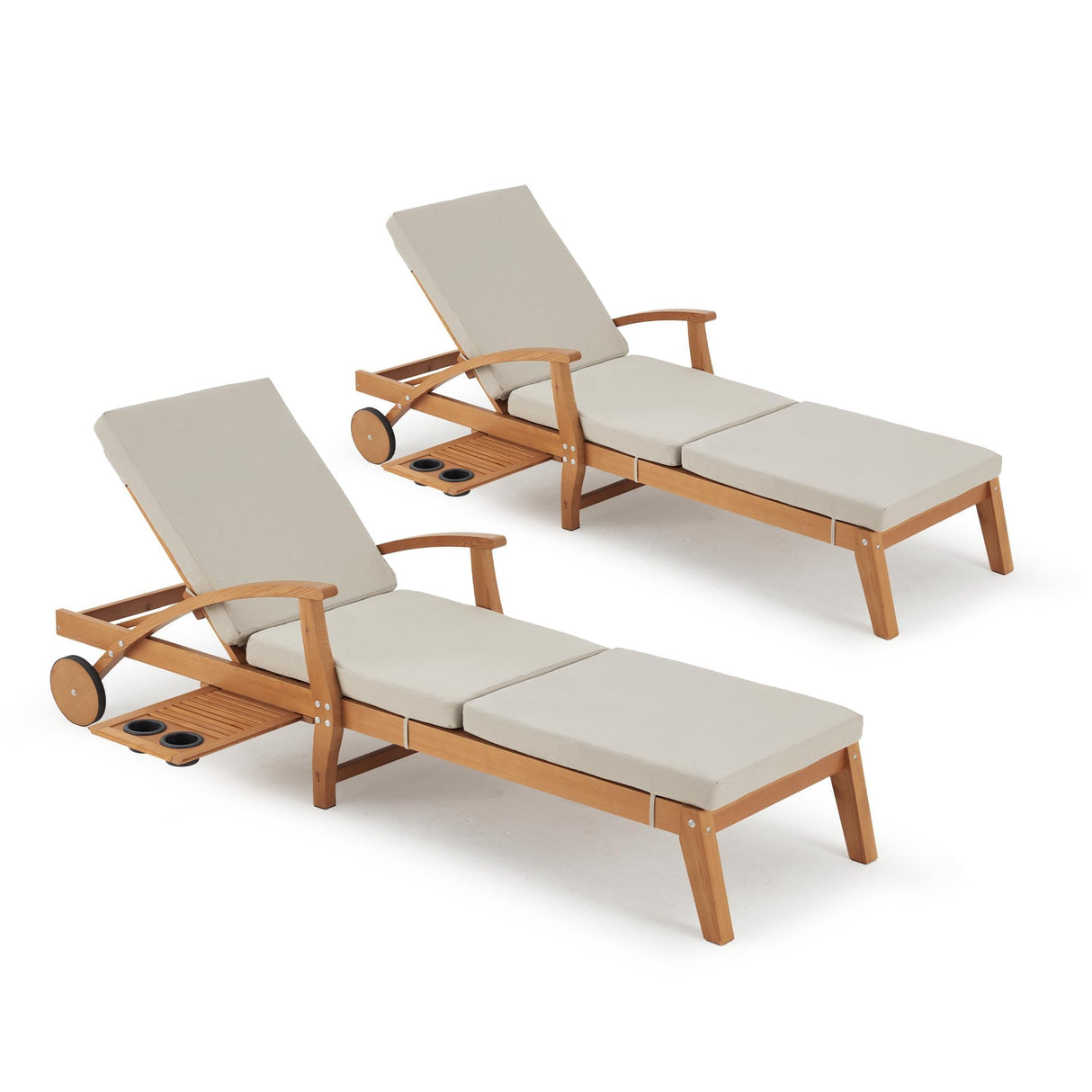 HOMREST Set of 2 Wood Chaise Lounge Chair Recliner, 83x23in Patio Chaise Lounger Recliner with Slide-Out Side Table, Foam-Padded Cushion, Adjustable Backrest, Wheels (Beige) HOMREST