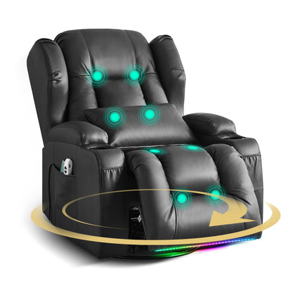 BINGTOO Power Swivel Rocker Recliner Chair with Massage & Heat, Electric Wall Hugger Reclining Sofa for Adults with LED Light/Cup Holders/USB Ports, Leather Black