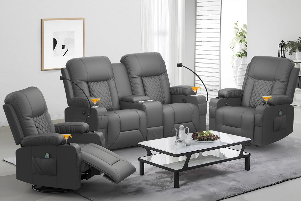 YONISEE Living Room Furniture Set, Loveseat Recliner and 2PC Massage Recliner Chair, Luxury Reclining Sofa 3PC Set for Living Room (2+1+1, Dark Gray) YONISEE