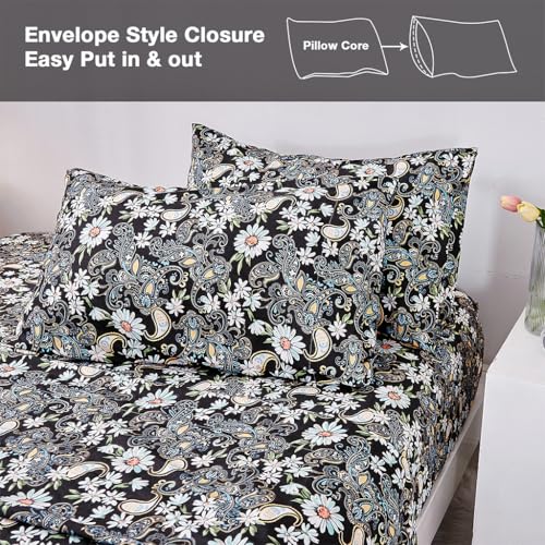 JSD Black Paisley Floral Printed Sheet Set King Size, 4 Piece Soft Pattern Microfiber Sheets Extra Deep Pocket JSD