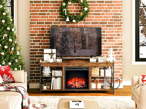 HOOBRO Fireplace TV Stand with Led Lights and Power Outlets, Wooden Media Entertainment Center Console Table with Glass Shelves, Fireplace TV Console for TVs up to 65", Rustic Brown BF140UDDS01 HOOBRO
