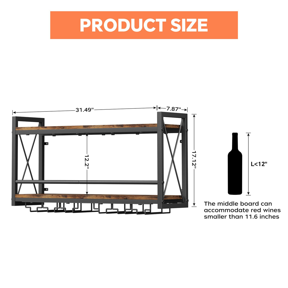 Homeiju Wall Mounted Wine Rack, Bottle & Glass Holder Wood-Metal Retro Wine Rack, Wine Bottles Display Wall Storage for Kitchen Dining Room Home Bar Homeiju
