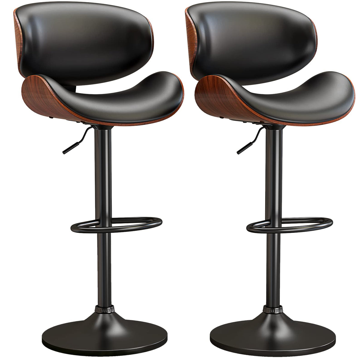 YaFiti Swivel Bar Stools Set of 2 for Kitchen Counter, Adjustable Bentwood Barstools, Modern PU Leather Upholstered Bar Chair with Back and Footrest, for Bar, Kitchen, Dining Room, Black YaFiti