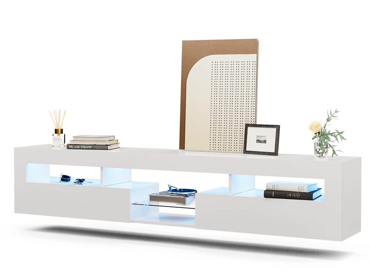 IKIFLY LED Floating TV Stand for 85+ inch TV, White High Glossy Wall Mounted Haning TV Stand with 2 Cabinets, Modern Floating Entertainment Center Console Shelf for Living Room, Bedroom IKIFLY