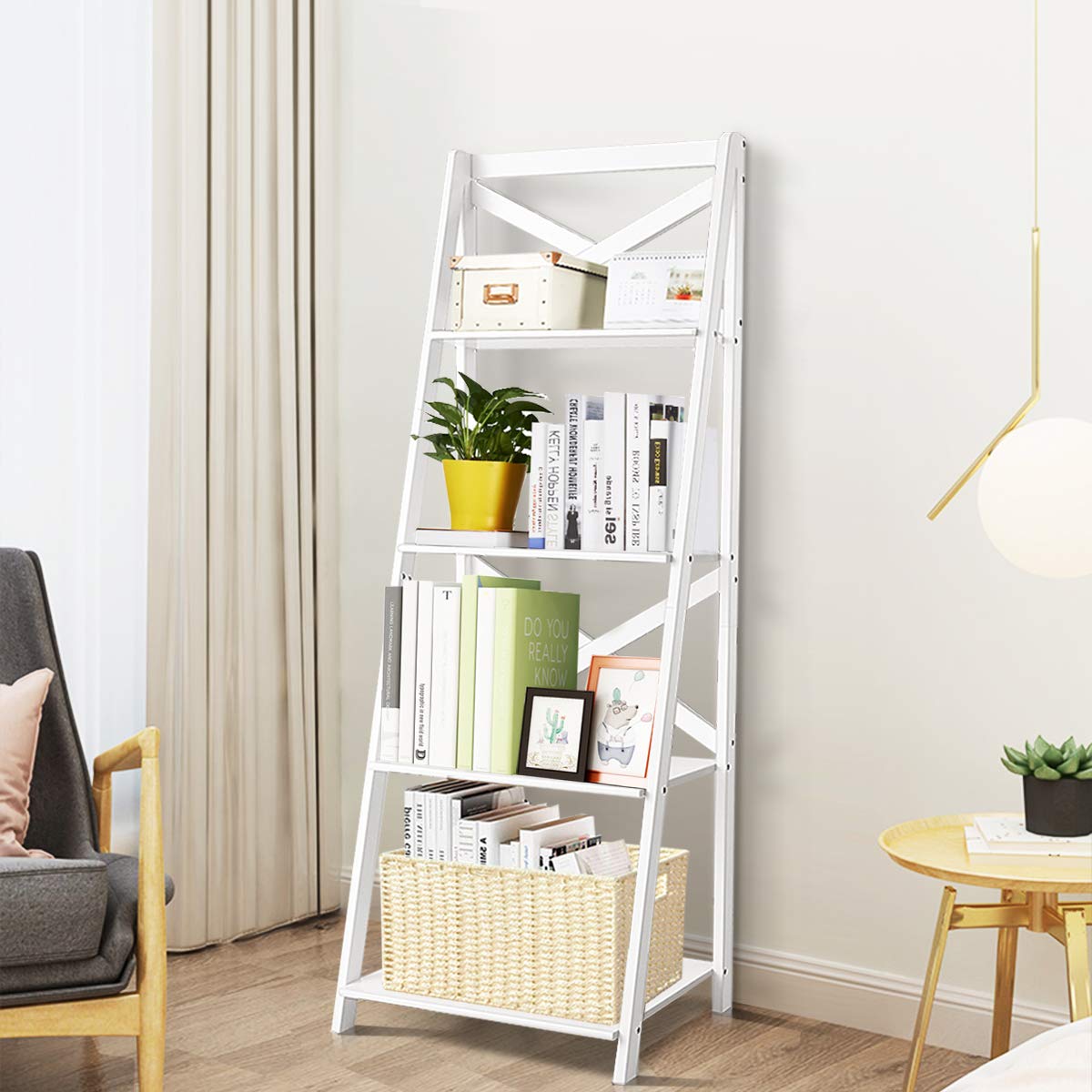 Tangkula 4-Tier Ladder Shelf Bookcase Leaning Free Standing Wooden Frame Decor Bookshelf Storage Flower Shelf Plant Display Shelf for Home Office (White, 2) Tangkula