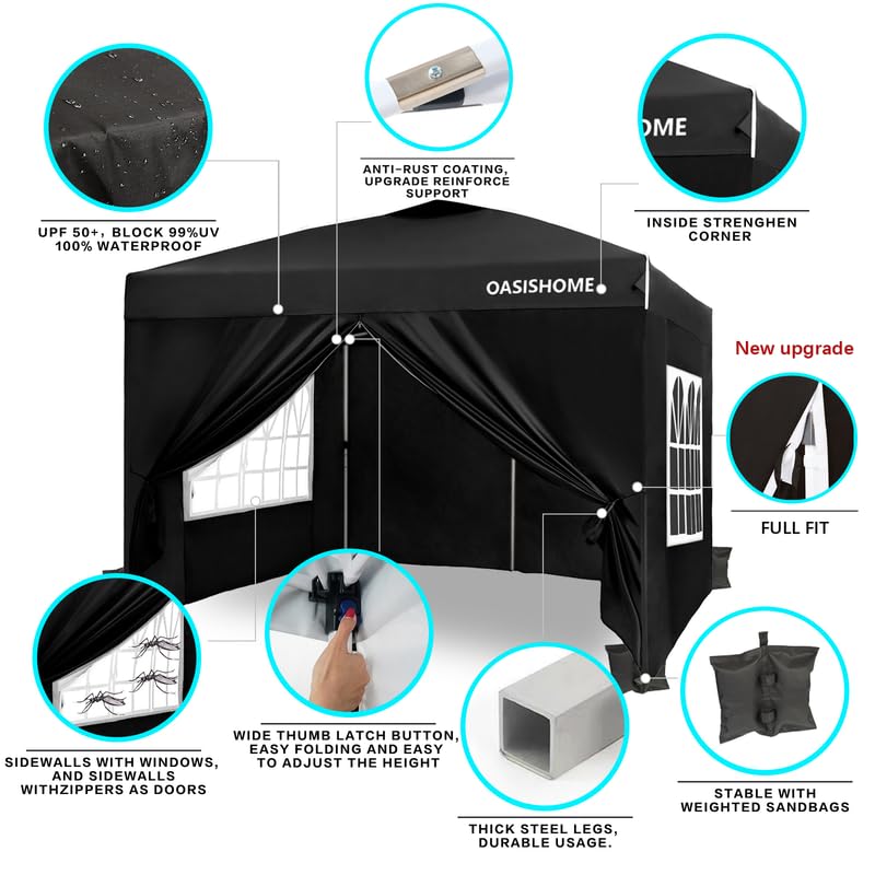 OASISHOME Pop-up Gazebo Instant Portable Canopy Tent 10'x10', with 4 Sidewalls, Windows, Wheeled Bag, for Patio/Outdoor/Wedding Parties and Events (10FTx10FT, Black) OASISHOME
