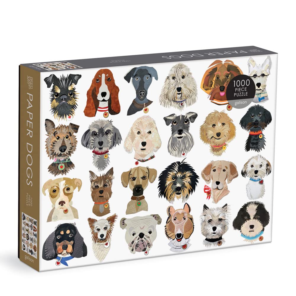 Galison Paper Dogs 1000 Piece Puzzle - 1000 Piece Jigsaw Puzzle for Adults, 24 Hand Cut Dog Portraits, Thick and Sturdy Pieces, Perfect for Puzzle and Dog Lovers Galison