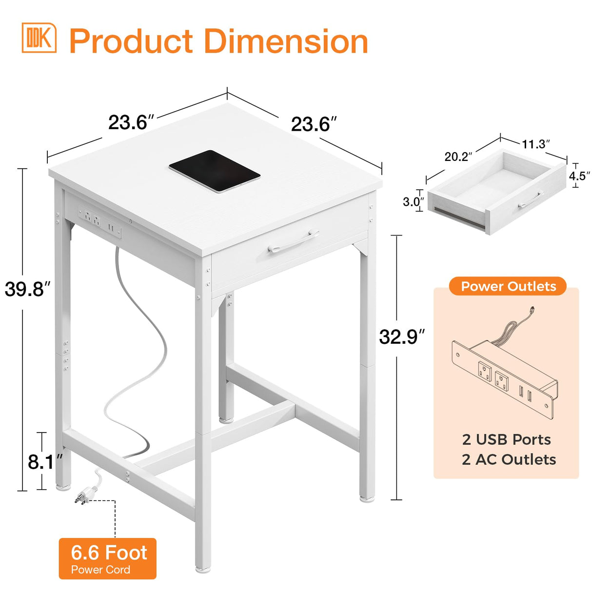 ODK 24x24 Inch Bar Table with Power Outlets & Storage, Modern Counter Height Pub Table with Sturdy Legs for Kitchen & Dining, High Top Console Indoor Table, White ODK