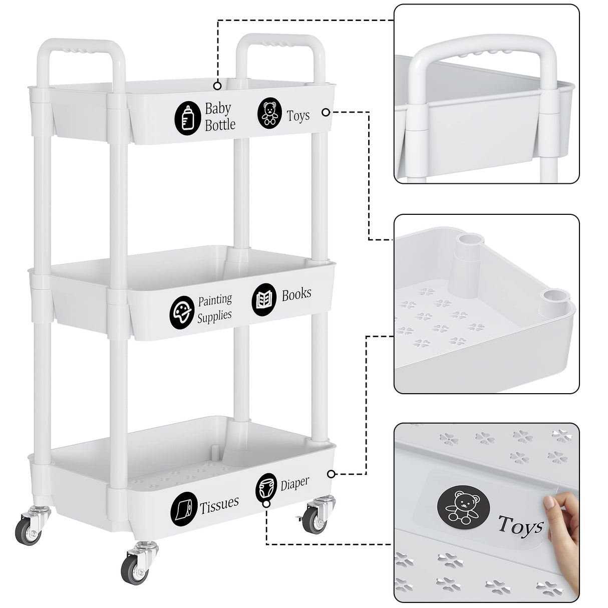 UDEAR 3-Tier Rolling Utility Cart with 12 Category Labels,Multifunctional Storage Shelves with Handle and Lockable Wheels for Room,Office,Kitchen,Bathroom,White UDEAR