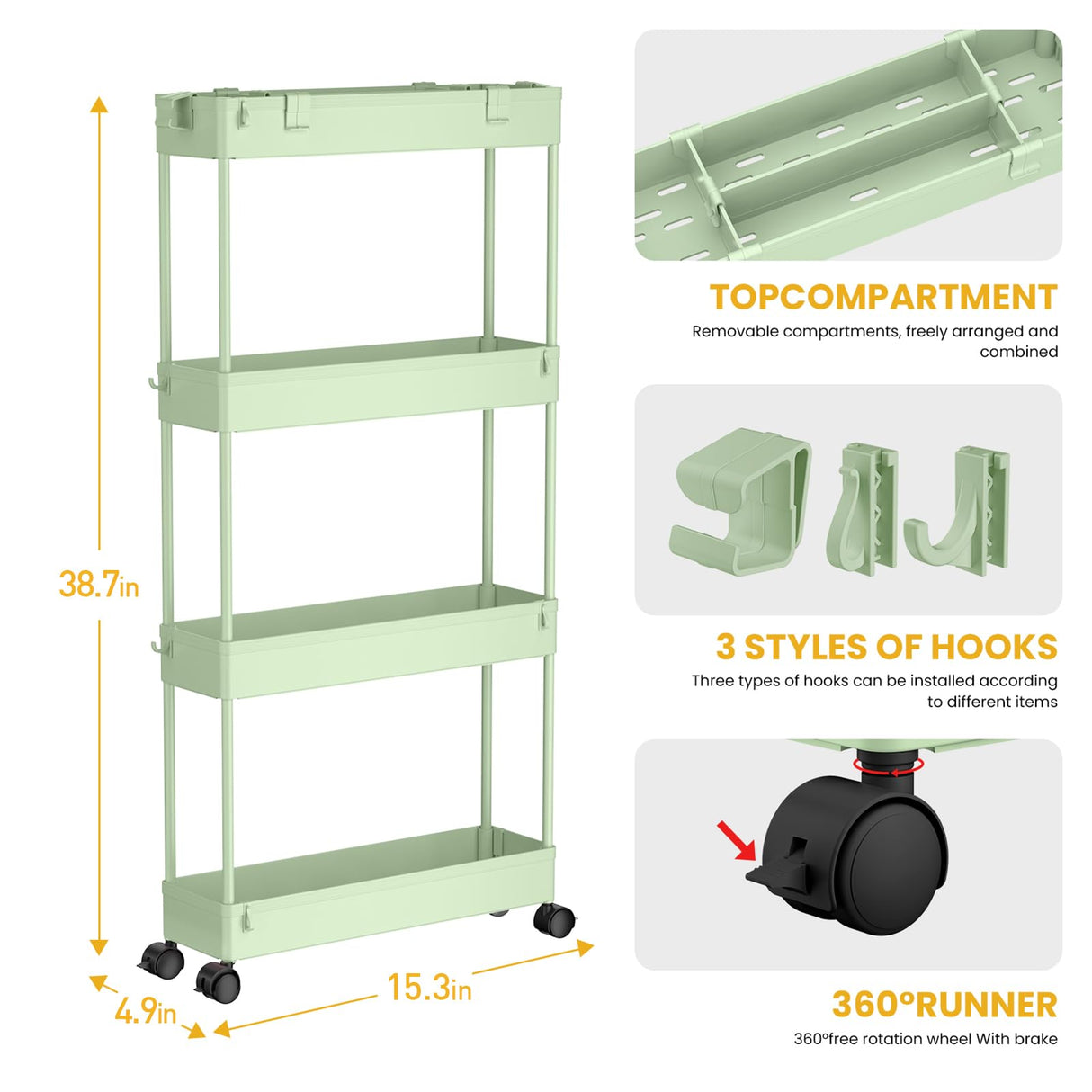 SPACELEAD Slim Storage Cart 4 Tier,Bathroom Organizer Rolling Utility,Mobile Shelving Unit Slide Out for Office, Kitchen, Laundry Room & Narrow Places,Green SPACELEAD