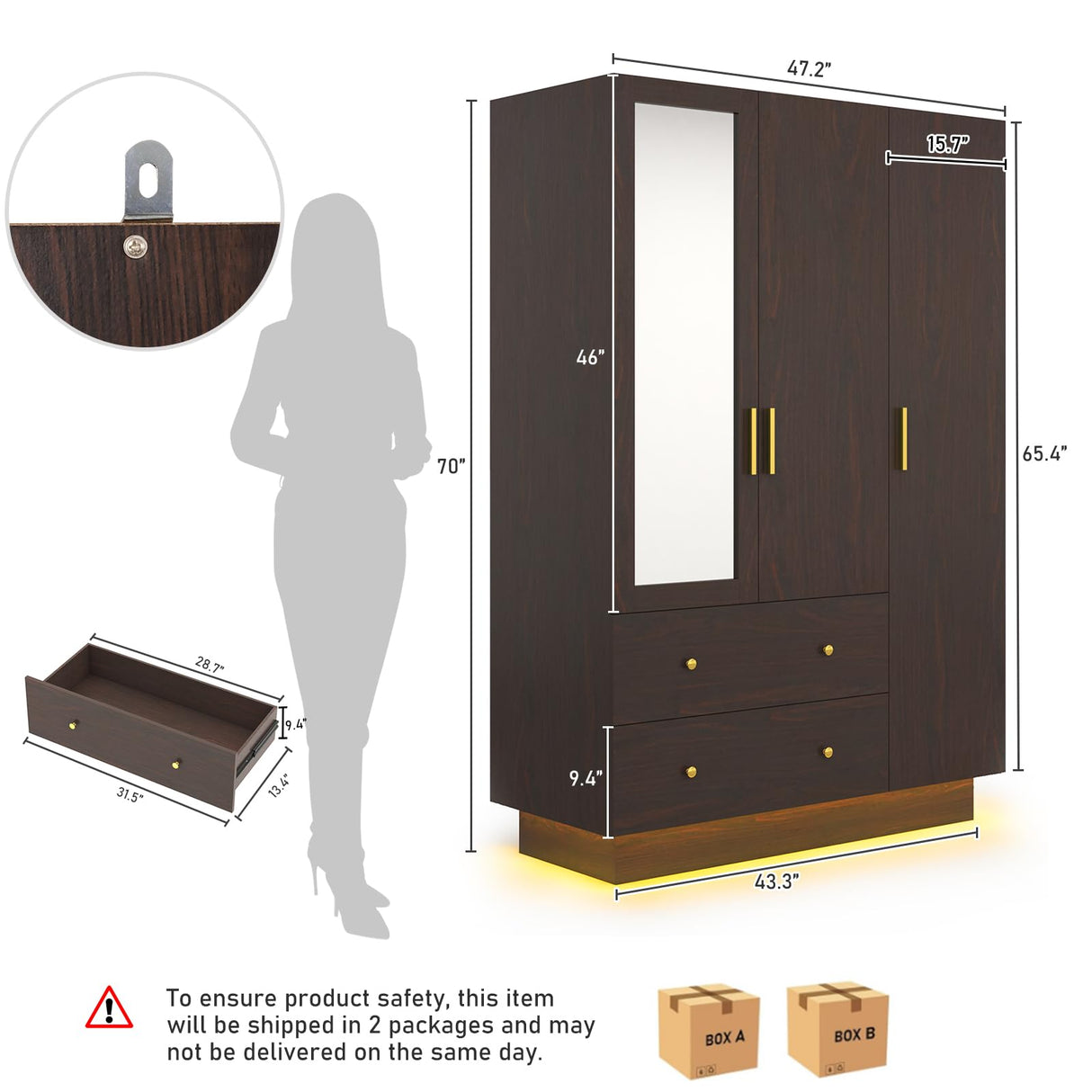 3 Door Wardrobe Closet with Mirror & LED Lights, Bedroom Armoire with Drawers & Shelves, Farmhouse Wooden Armoire Wardrobe Closet with Hanging Rod for Bedroom, Brown jiteentarou