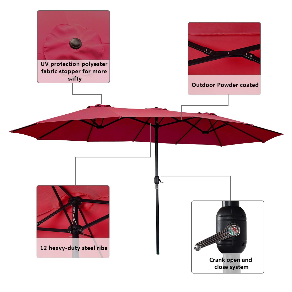 Tangkula 15 Ft Patio Umbrella Double-Sided Steel Outdoor Market Table Umbrella with Crank (Wine) Tangkula