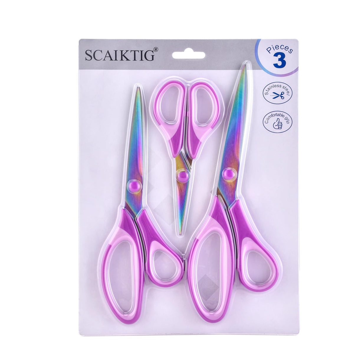 Craft Scissors Set of 3 Pack, All Purpose Sharp Titanium Blades Shears, Comfort Grip Handle, Multipurpose Fabric Scissors Tool Great for Adults, Office, Sewing, School and Home Supplies, Purple SCAIKTIG