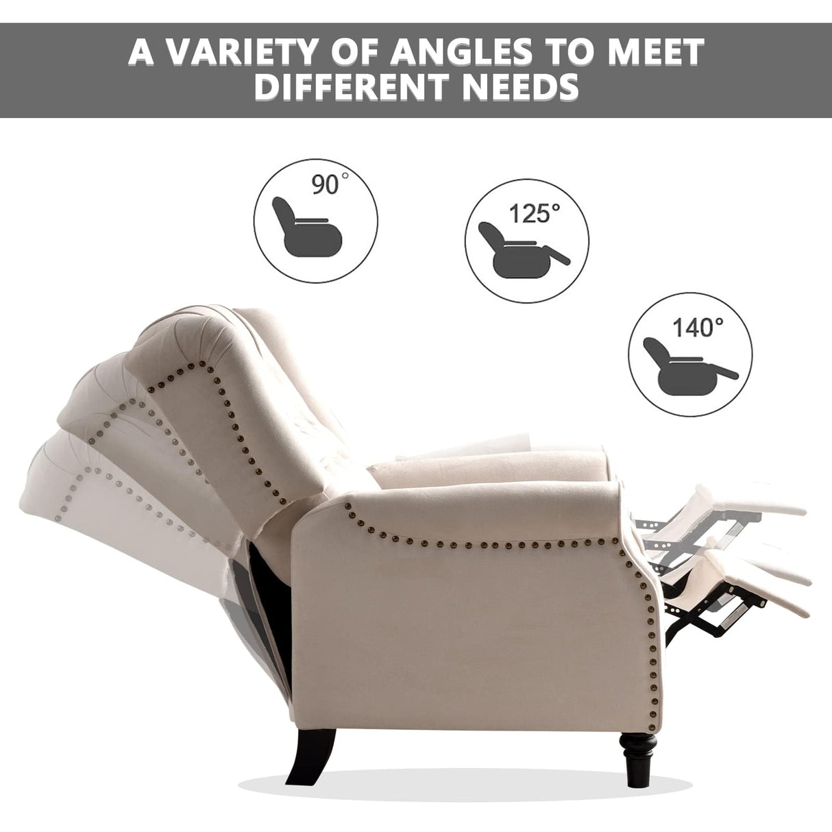 CANMOV Push Back Recliner Chair Set of 2, Elizabeth Fabric Recliner with Tufted Back Home Theater Seating w/Padded Seat and Nailhead Trim, Wooden Legs, Adjustable Single Sofa,White CANMOV