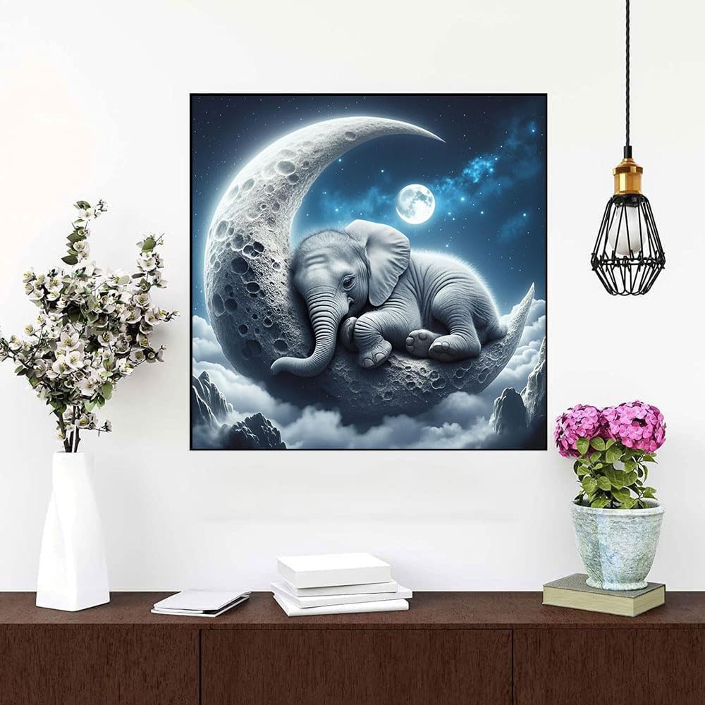 WUSARPLY Elephant Diamond Paintings Kits for Adults, Moon Home Diamond Art Kits Full Drill Diamond Dots Paint with Diamonds Gem Arts and Crafts for Beginner Adults Home Wall Decor WUSARPLY