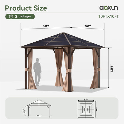 Aoxun 10' x 10' Gazebo Single Polycarbonate Top, Outdoor Polycarbonate Frame Permanent Pergolas with Curtains and Netting, for Patios, Parties, Backyards, Gardens and Lawns